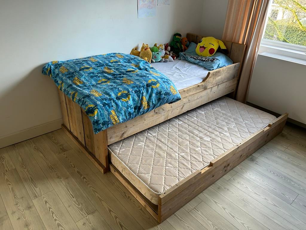 Steigerhout 1-persoons bed met bedlade, Gebruikt, 90 cm, Eenpersoons, Bruin