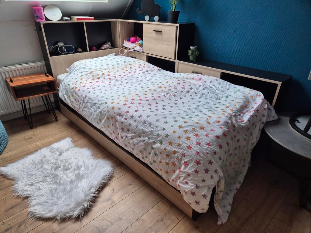 Kinderbed met opbergruimte, 90x200, commode en matras lade, 180 cm of meer, Ophalen, Lattenbodem, 100 cm of meer