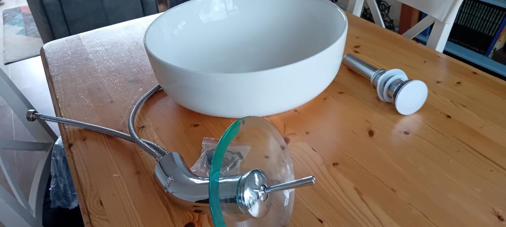 Waskom wit 42 cm  met hoge watervalkraan en drukknop afvoer, Sanitair-online.eu, Sanitair-online.eu, Wit, Overige typen