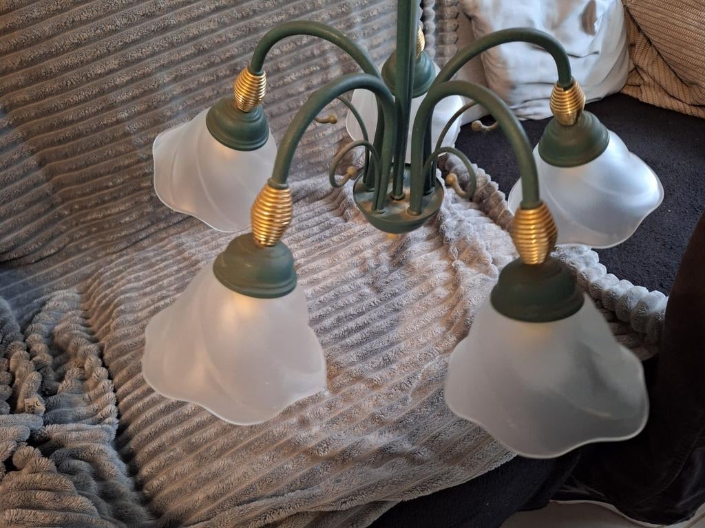 Groene hanglamp met glazen bloemen, Gebruikt, Onbekend, Ophalen of Verzenden, Onbekend