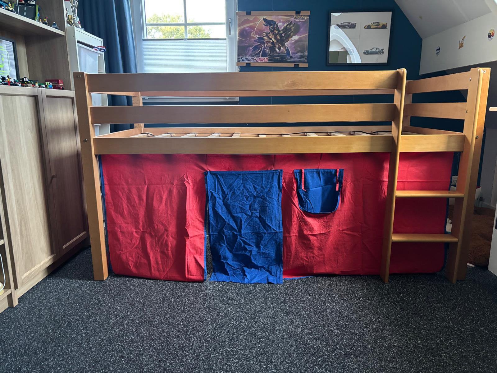Houten halfhoogslaper 90x200 met rood/blauwe speeltent, Ophalen, 85 tot 100 cm, Zo goed als nieuw, Hoogslaper of Stapelbed