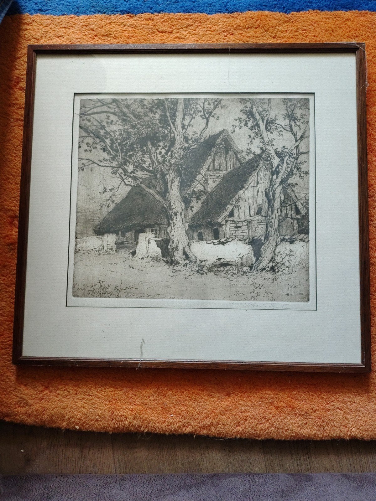 Antieke Ets van Boerderij met Authentieke Houten Lijst, Ophalen of Verzenden