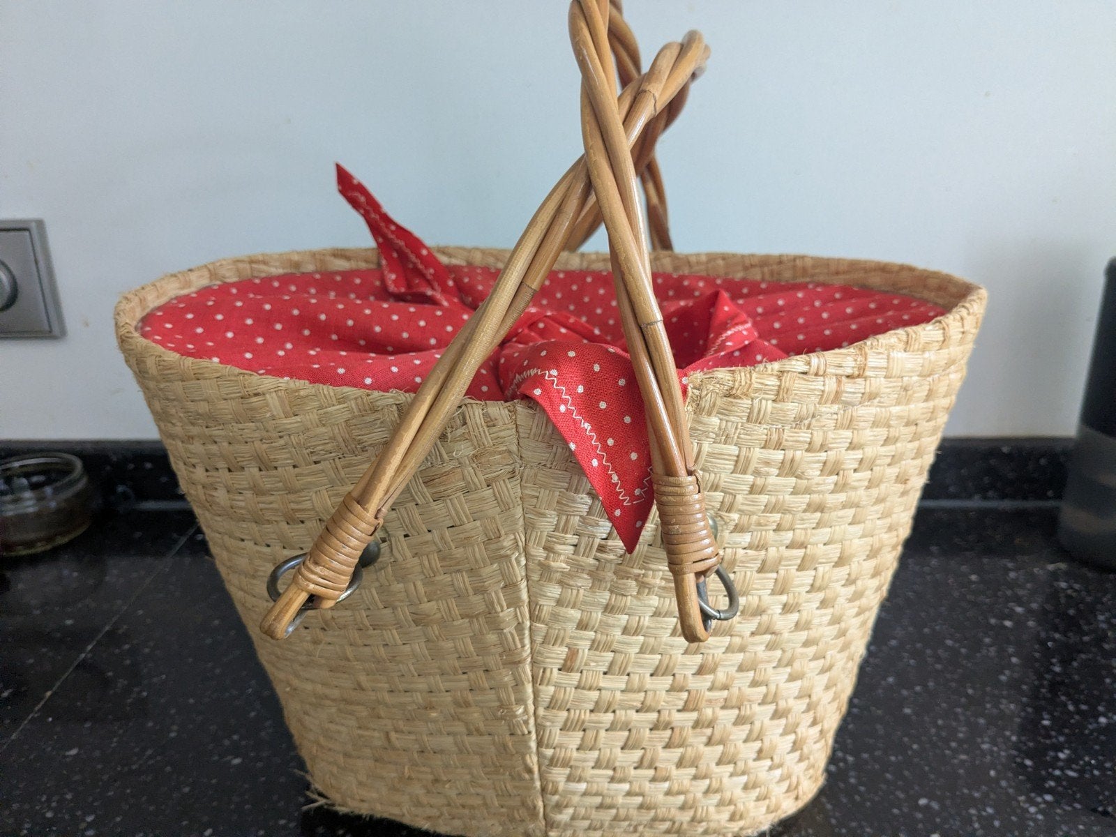 Vintage rieten mand Bardot style, Ophalen of Verzenden, Gebruikt