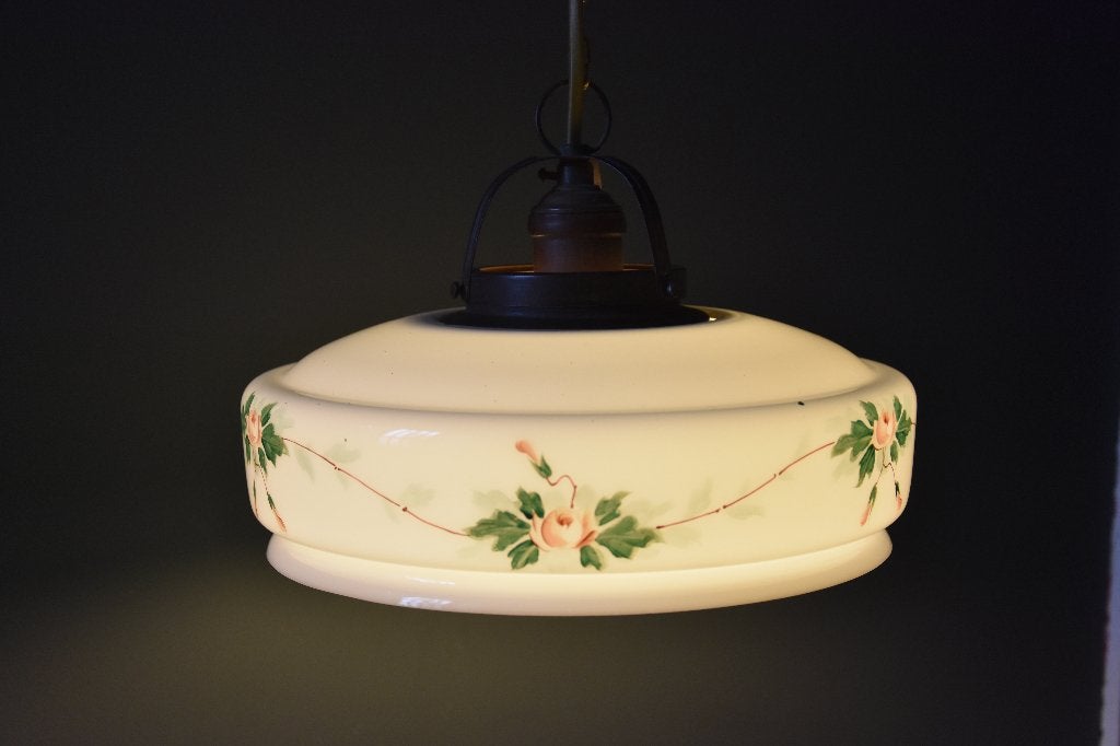 Vintage Melkglazen Hanglamp, Gebruikt, Vintage, Glas, E27 (groot)