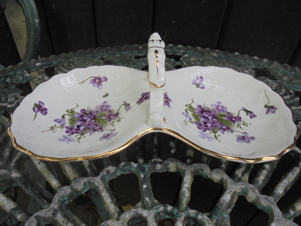 Engelse 2 vaks schaal paarse viooltjes "Victorian Violets", Ophalen of Verzenden