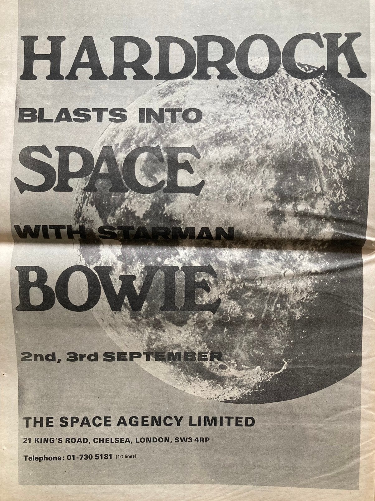Paginagrote A3 advertentie DAVID BOWIE Starman concert, Ophalen of Verzenden