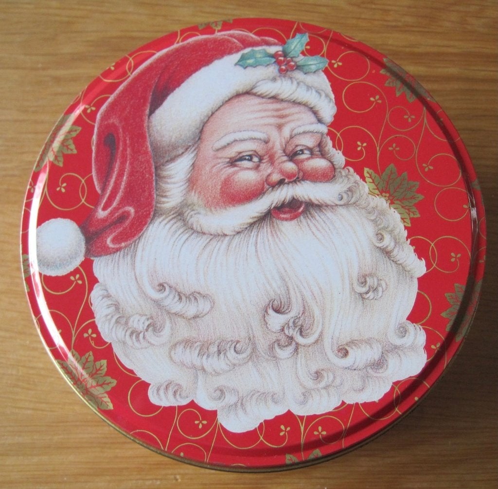 blik met afbeelding van het hoofd van de kerstman - rond, Ophalen of Verzenden, Zo goed als nieuw, Overige