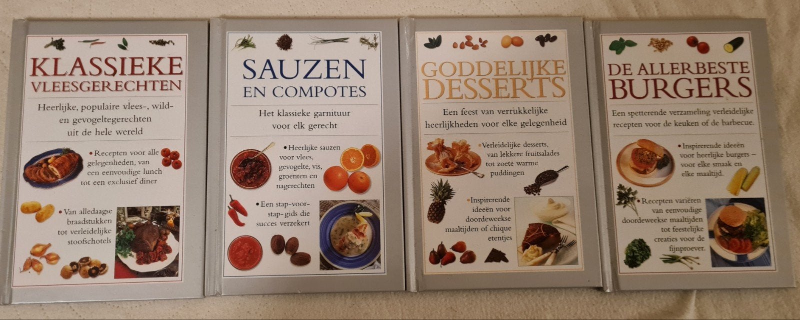 4 Kookboeken: Vlees, Sauzen, Desserts & Burgers, Ophalen of Verzenden, Zo goed als nieuw, Hoofdgerechten