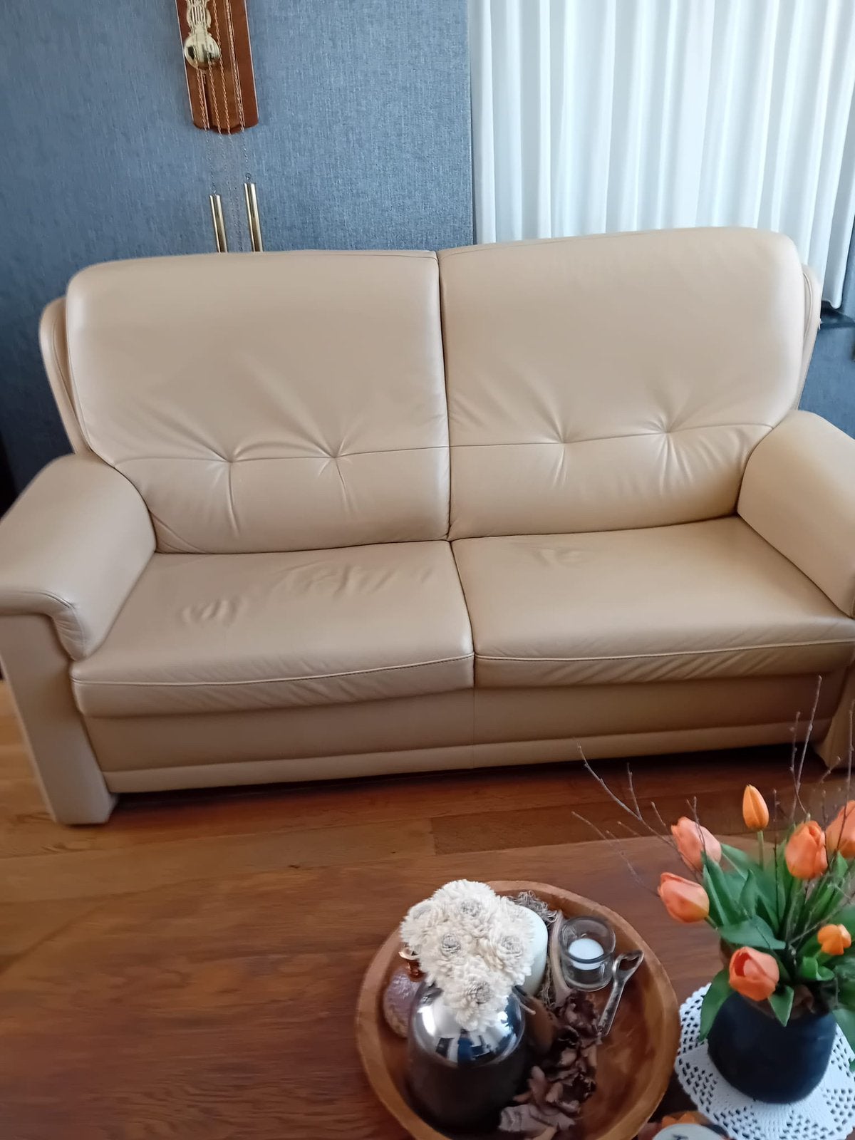 Echt leren bankstel, Huis en Inrichting, Ophalen, Driepersoons, Zo goed als nieuw, Rechte bank