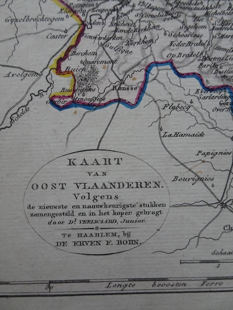 Gravure kaart oost Vlaanderen Gent, Oudenaarde D. Veelwaard, Verzenden, Cartografie, Gravure, Origineel