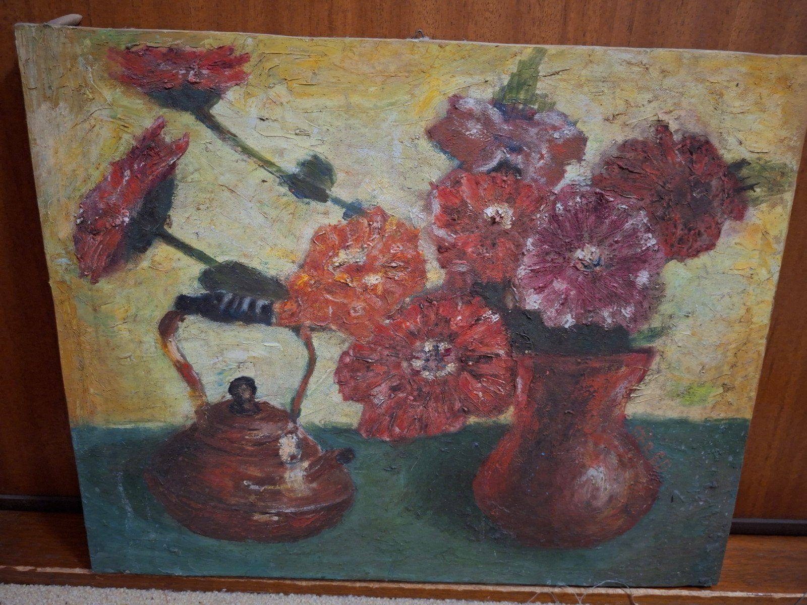 Stilleven met bloemen en theepot - Olieverf op doek, Antiek en Kunst, Kunst | Schilderijen | Klassiek, Ophalen, Doek, Expressionistisch