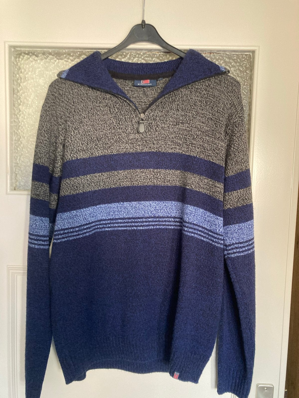 Heren trui met rits, blauw/grijs gestreept, Ophalen of Verzenden, Zo goed als nieuw, Maat 52/54 (L), Blauw