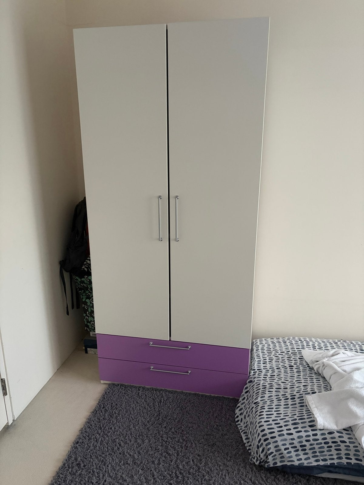 Kledingkast met lades en hangruimte - Wit/Paars, Ophalen, Gebruikt, 50 tot 100 cm, Met lade(s)