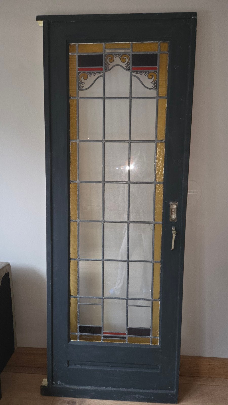 Antieke deur met glas-in-lood, 212x80 cm, Doe-het-zelf en Verbouw, Deuren en Horren, Ophalen, Gebruikt, 80 tot 100 cm, 215 cm of meer