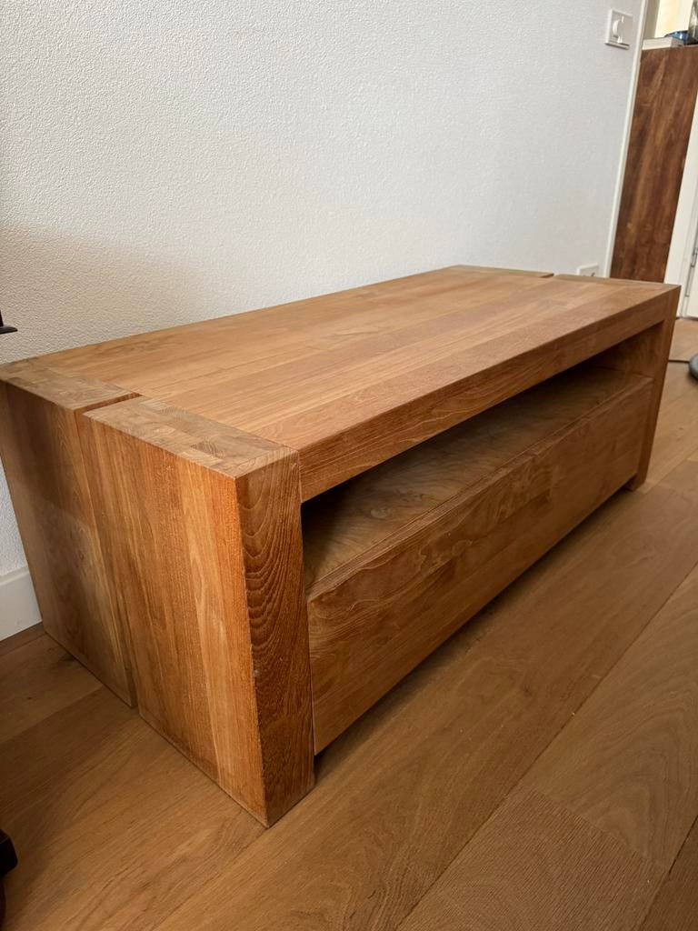 Teakhouten kast tv meubel of side tafel met lade, Ophalen, 100 tot 150 cm, Teakhout, Zo goed als nieuw
