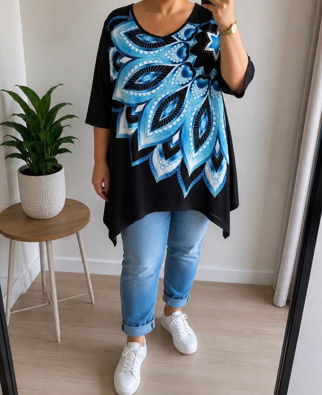 Nieuwe Tuniek Zwart/Blauw Print Maat 52/54, Ophalen of Verzenden, Nieuw, Zwart, Blouse of Tuniek