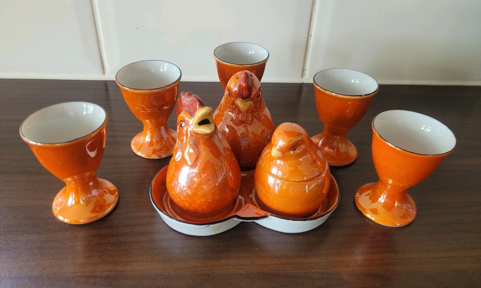 Eierdopjes en Peper/Zout/Mosterdpotje op Serveerblaadje, Ophalen of Verzenden