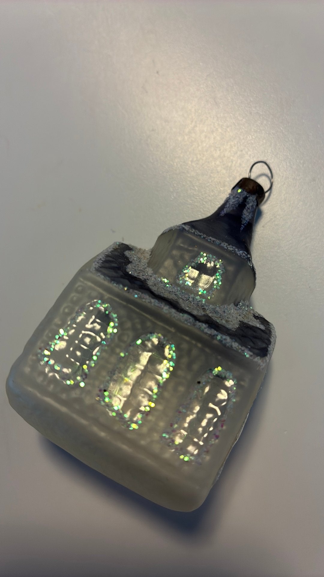 Vintage kerstbal, kerkje transparant glitter, Ophalen of Verzenden, Zo goed als nieuw