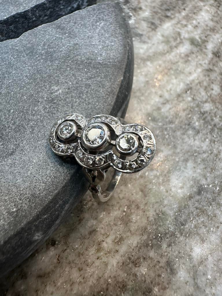 14k Witgouden Vintage Ring met Briljanten, Sieraden, Tassen en Uiterlijk, Ringen, Gebruikt, Wit, Ophalen of Verzenden, 17 tot 18