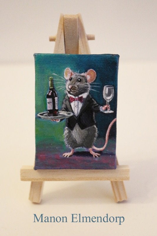 Uniek Handgeschilderd Schilderijtje Muisje Ober Gesigneerd, Acrylverf, Ophalen of Verzenden, Dieren, Overige materialen