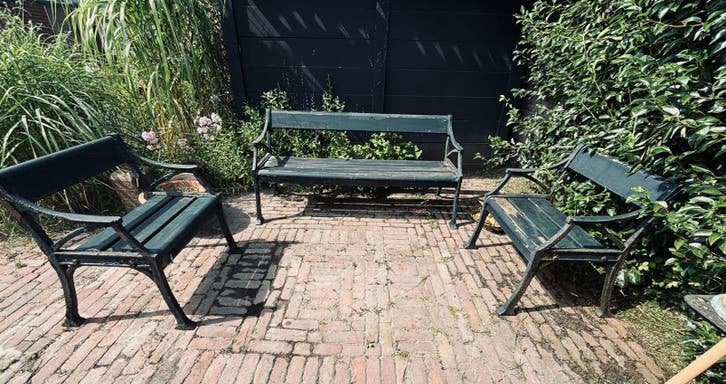Vintage tuinbank Gardelux gietijzer met 2 stoelen Gardelux, Ophalen, Gebruikt, Hout