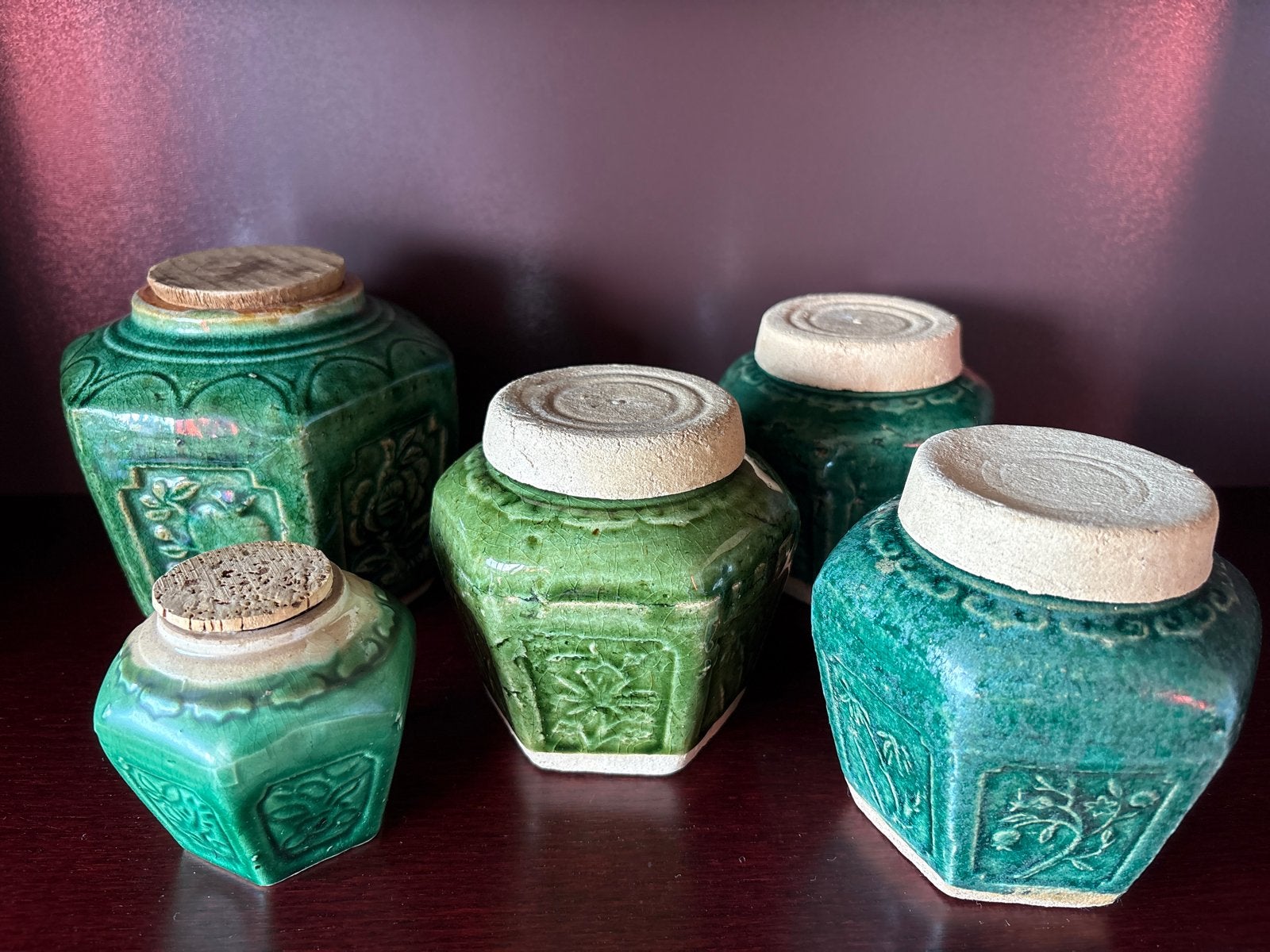 Set van 5 antieke Chinese gemberpotten, groen geglazuurd, Antiek en Kunst, Antiek | Keramiek en Aardewerk, Ophalen of Verzenden