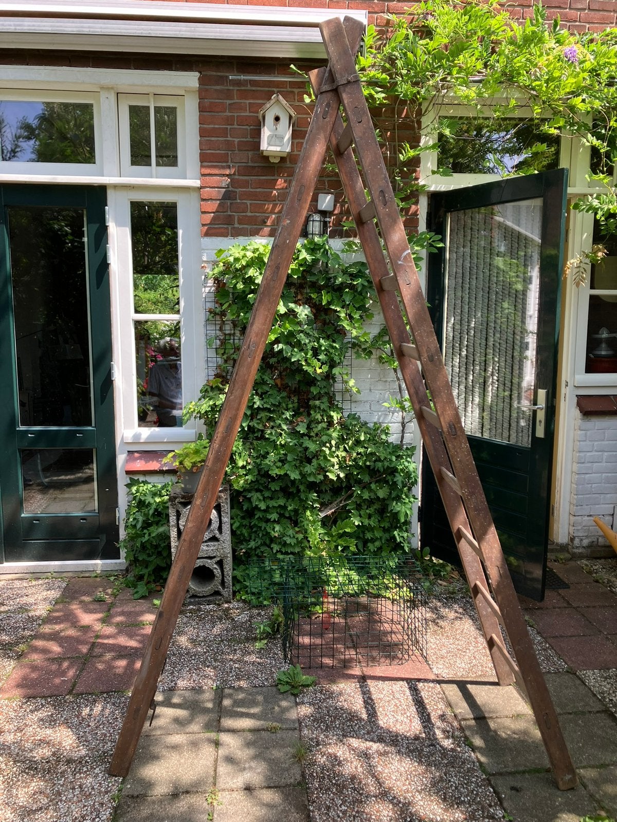 Vintage eiken houten ladder, Ophalen, Gebruikt, Ladder, Opvouwbaar of Inschuifbaar