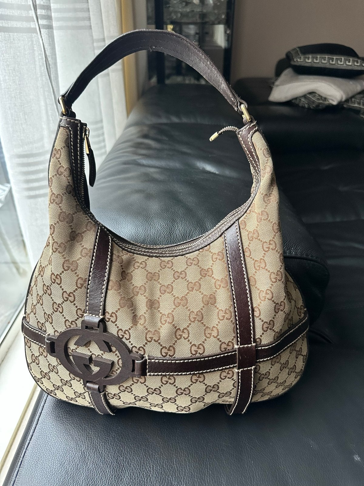 Gucci GG Canvas Hobo Tas - Bruin, Ophalen of Verzenden, Gebruikt, Bruin, Schoudertasje