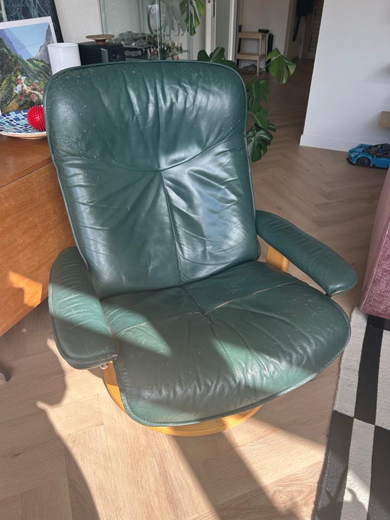 Gratis Opknapper: Erkornes Stressless Fauteuil - Groen Leer, Ophalen, Gebruikt, Leer, 75 tot 100 cm