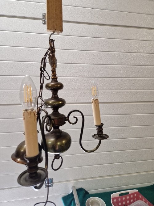 kroonluchter messing met 3 lampen, Ophalen of Verzenden, 'T Olde Gre-j, Info@toldegrej.nl, Endepoelstraat 20f Didam