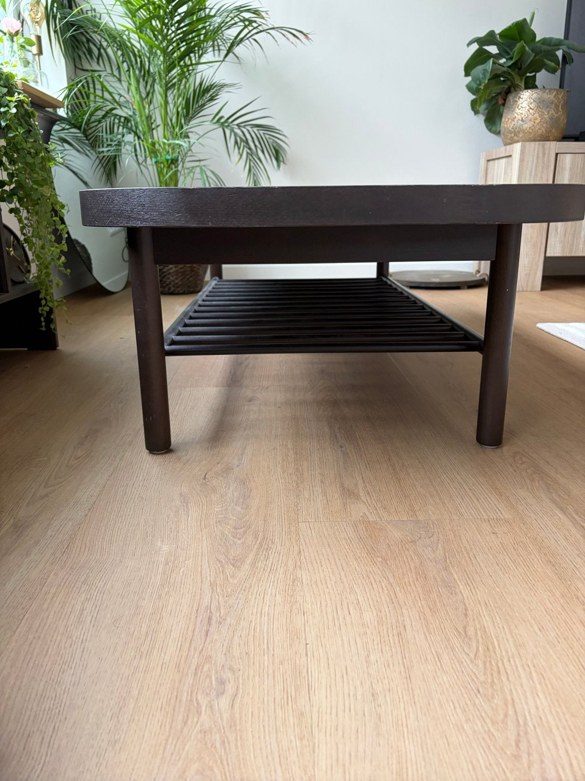 Donkerbruine salontafel met opbergruimte, Ophalen, Gebruikt, 100 tot 150 cm, 50 tot 100 cm