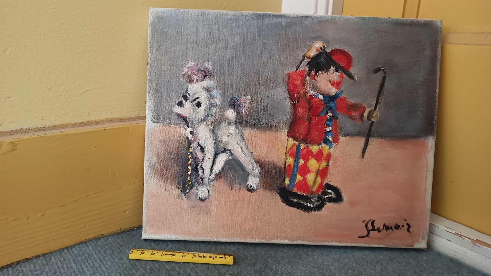 Oud schilderijtje: Poedel en Harlekijn, Doek, Dieren, Ophalen of Verzenden, Handgeschilderd