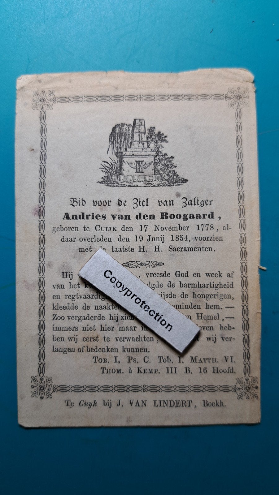 Andries van den Boogaard, Cuijk 1778 - 1854, Verzamelen, Bidprentjes en Rouwkaarten, Verzenden, Bidprentje