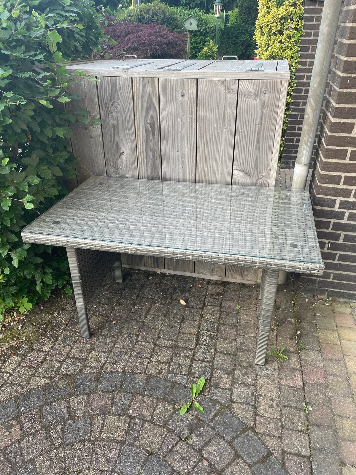 Tuin tafel met glasplaat - 120x70x67 cm, Tuin en Terras, Ophalen, Gebruikt, Rechthoekig, Kunststof
