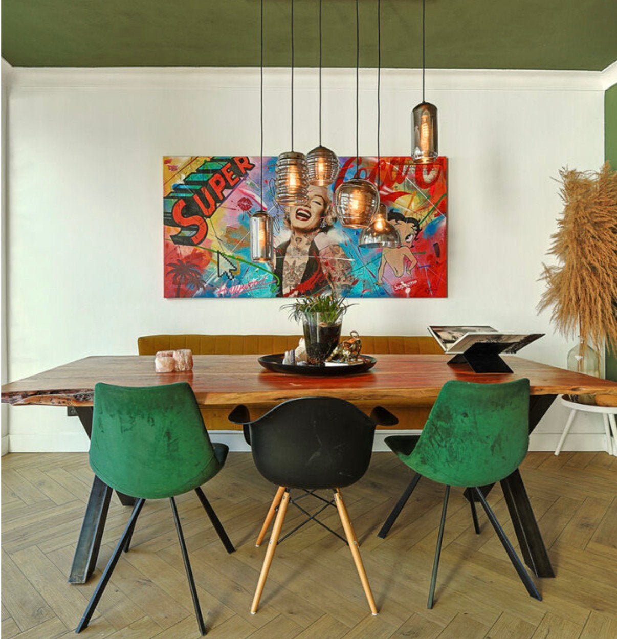 Boomstamtafel met velvet stoelen en bank van Goossens, Ophalen, 200 cm of meer, 50 tot 100 cm, Zo goed als nieuw