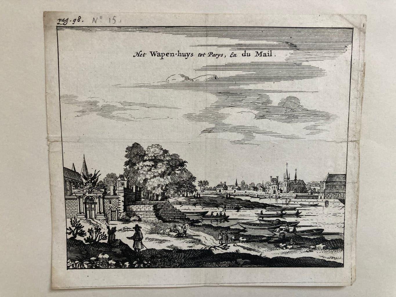 Het wapen-huys tot Parys, en du Mail, 13,5x11,5 cm., gravure, Stadsgezicht, Ophalen of Verzenden, 13 cm, 11 cm
