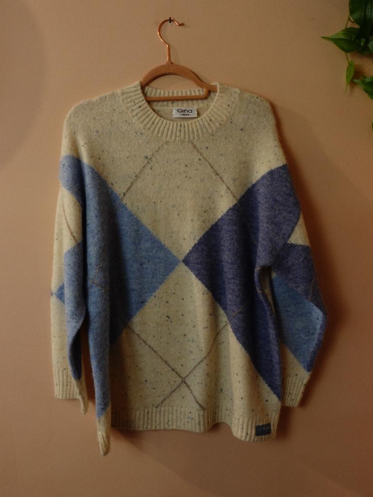 Gina Gebreide Trui Met Ruitpatroon Crème Blauw 42/44 / L, Blauw, Maat 42/44 (L), Ophalen of Verzenden, Zo goed als nieuw