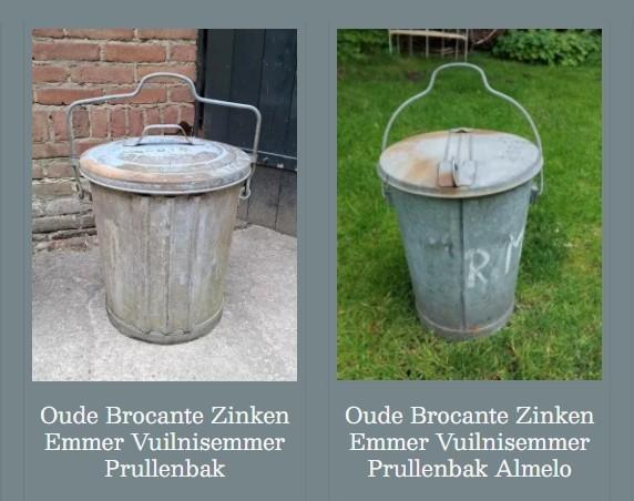 Oud brocante zinken vuilnisemmer prullenbak plantenbak olijf, Gebruikt, Minder dan 30 cm, T, Rond