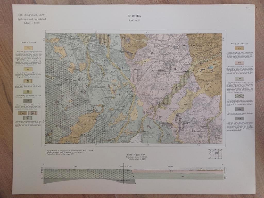 145 / Geologische kaart uit 1933 Breda kwartblad II, Ophalen of Verzenden, 1800 tot 2000, Landkaart, Zo goed als nieuw
