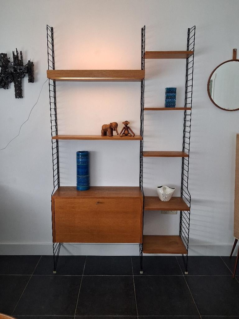 Nisse String wandmeubel met verlichting, retro jaren 60 kast, Ophalen, Gebruikt, 200 cm of meer, Minder dan 150 cm