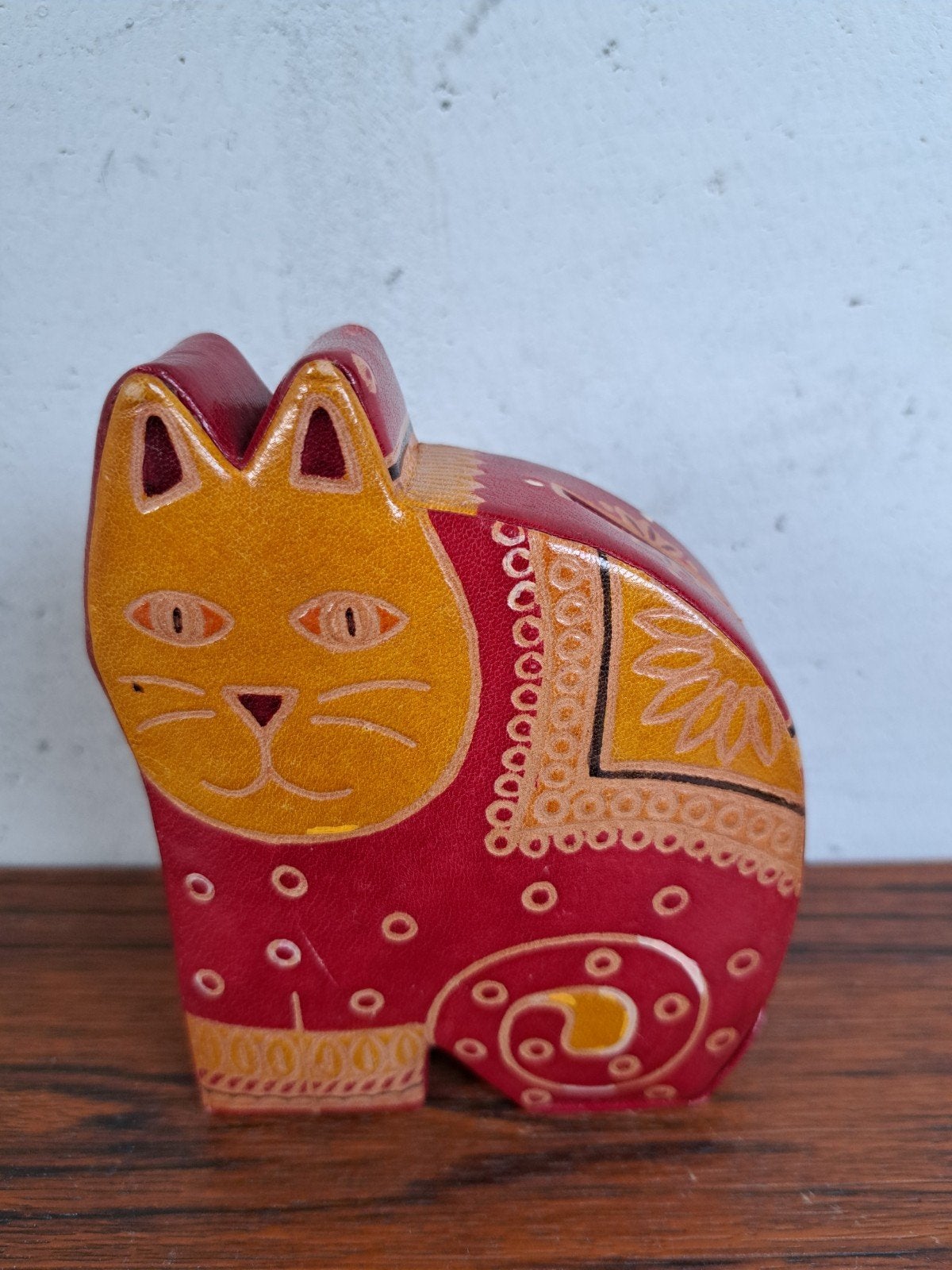 Vintage handgemaakte oranje/rode kattenspaarpot geitenleer, Verzamelen, Ophalen of Verzenden, Zo goed als nieuw, Overige materialen