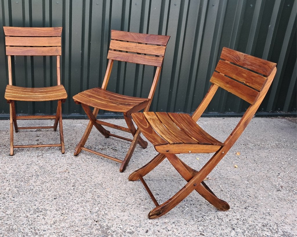 3 Triconfort teakhouten bistrostoelen, inklapbaar, Ophalen, Gebruikt, Teakhout, Inklapbaar