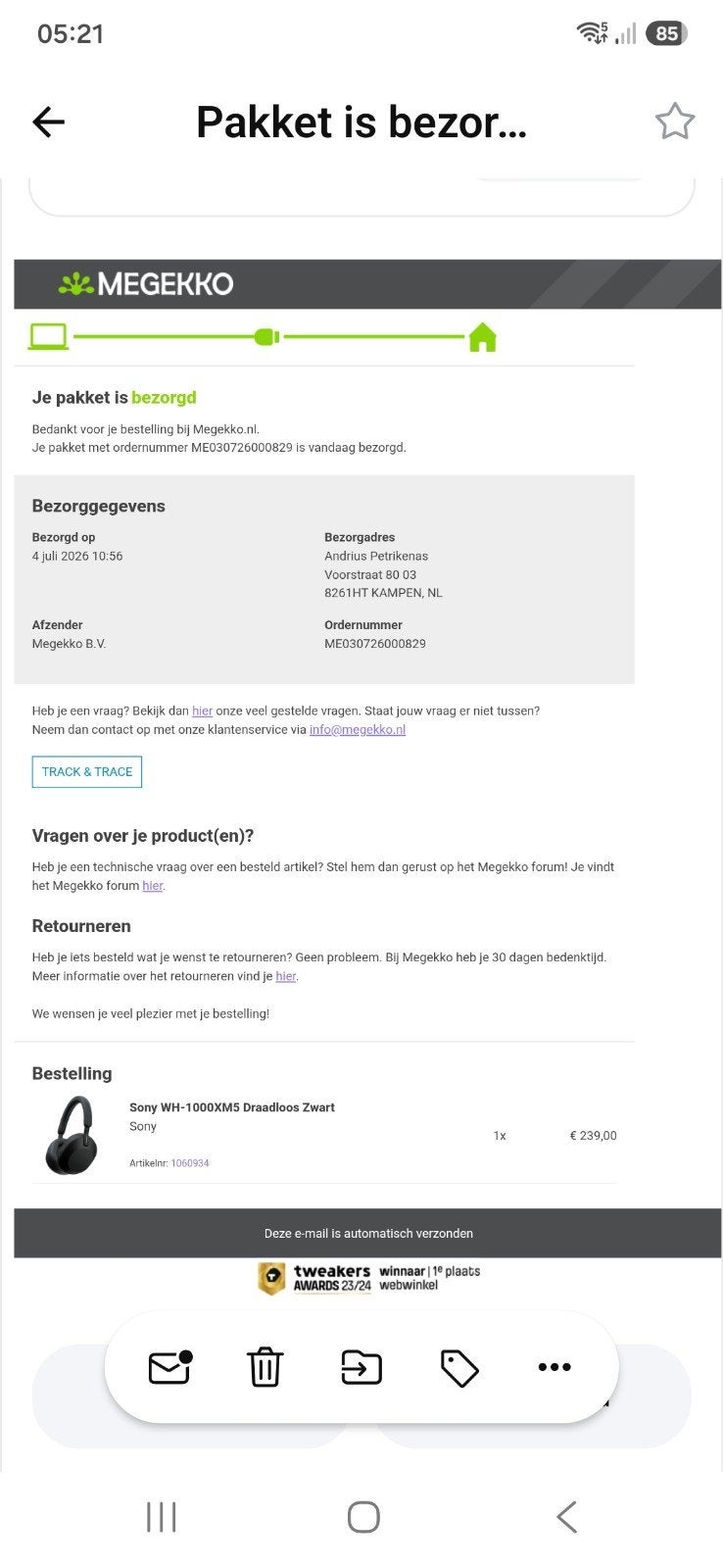 Sony WH-1000XM5 Draadloze koptelefoon Zwart