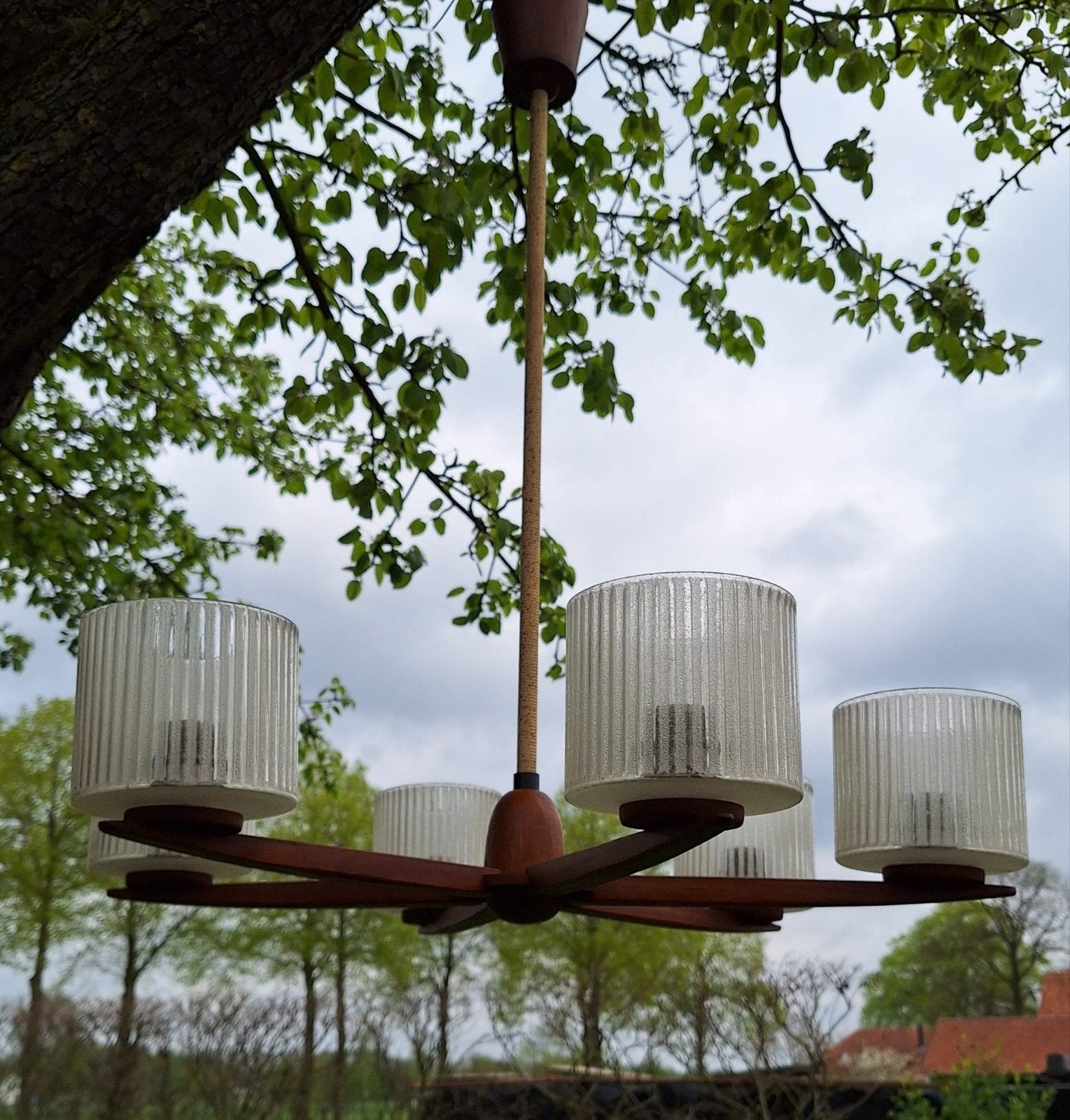 Vintage retro kroonluchter/hanglamp/lamp teakhout 1960s, Ophalen, Huis en Inrichting
