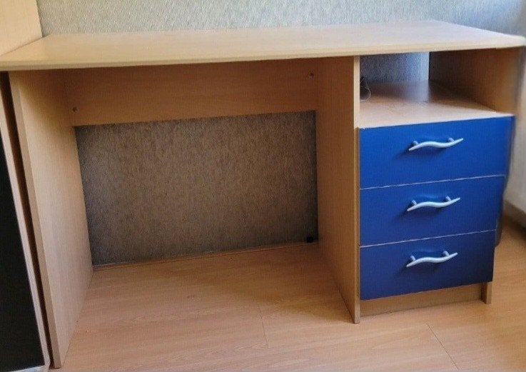 Bureau met kastjes en lades, beukenkleur met blauw, Ophalen, Met lades, Gebruikt, Hout