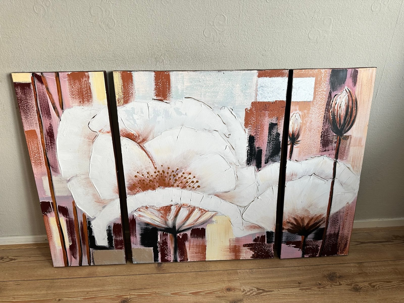 Modern Bloemen Schilderij - Driedelig Canvas Kunstwerk, Ophalen, Acrylverf, Handgeschilderd, Bloemen