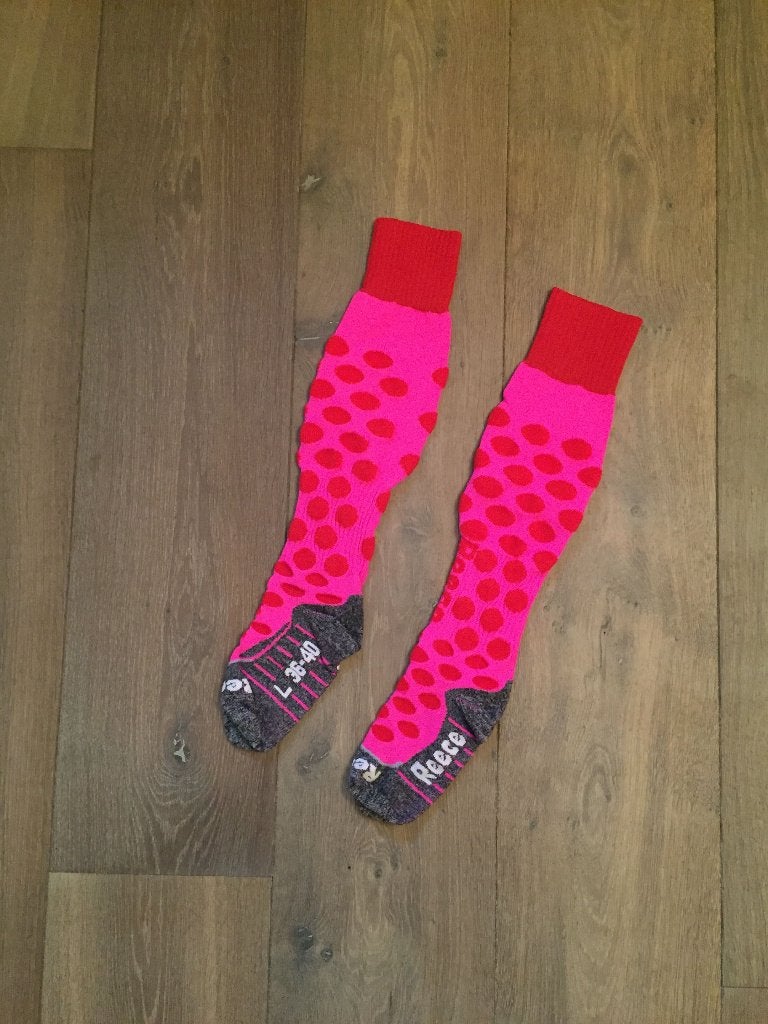 ZGAN: Hockey kousen Reece roze met rode dots; large/mt 36-40, Ophalen of Verzenden, Zo goed als nieuw, Overige typen