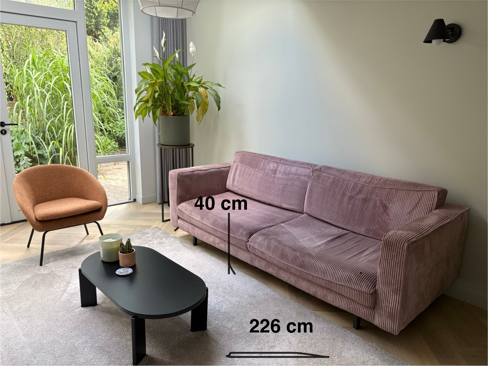 Roze ribfluwelen bank - 226 cm breed, Ophalen, Gebruikt, Minder dan 75 cm, Driepersoons