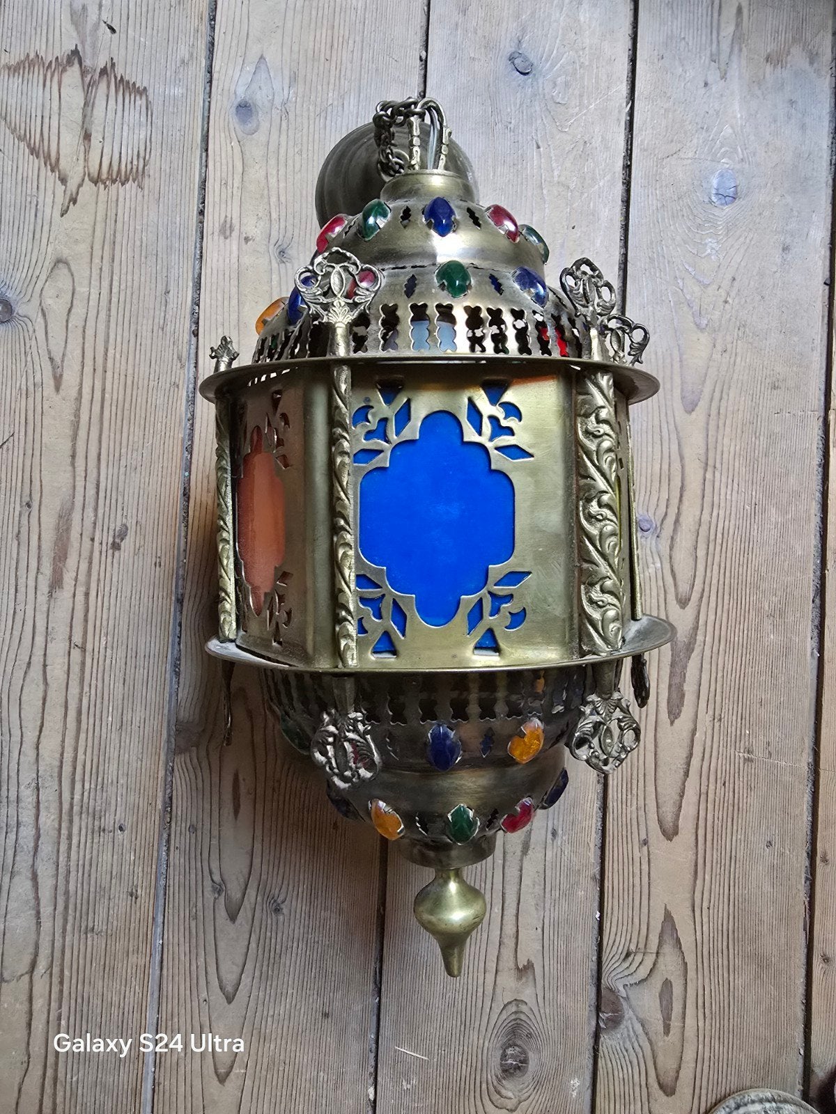 Oosterse Hanglamp met Gekleurd Glas en Metaal, Huis en Inrichting, Ophalen of Verzenden, Gebruikt, Glas, Oosters, Etnisch, Bohemian