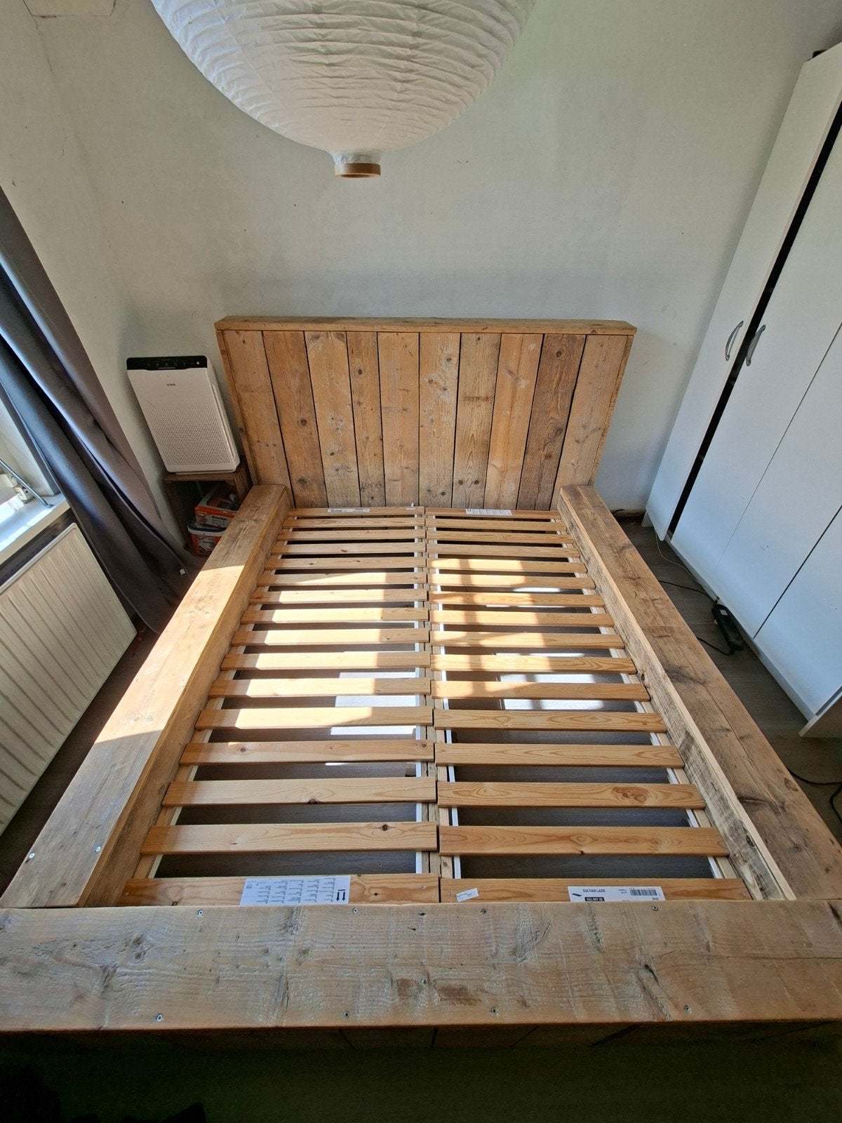 Steigerhouten tweepersoonsbed 160x200 met ombouw 200x240, Ophalen, Gebruikt, Rustiek, Tweepersoons